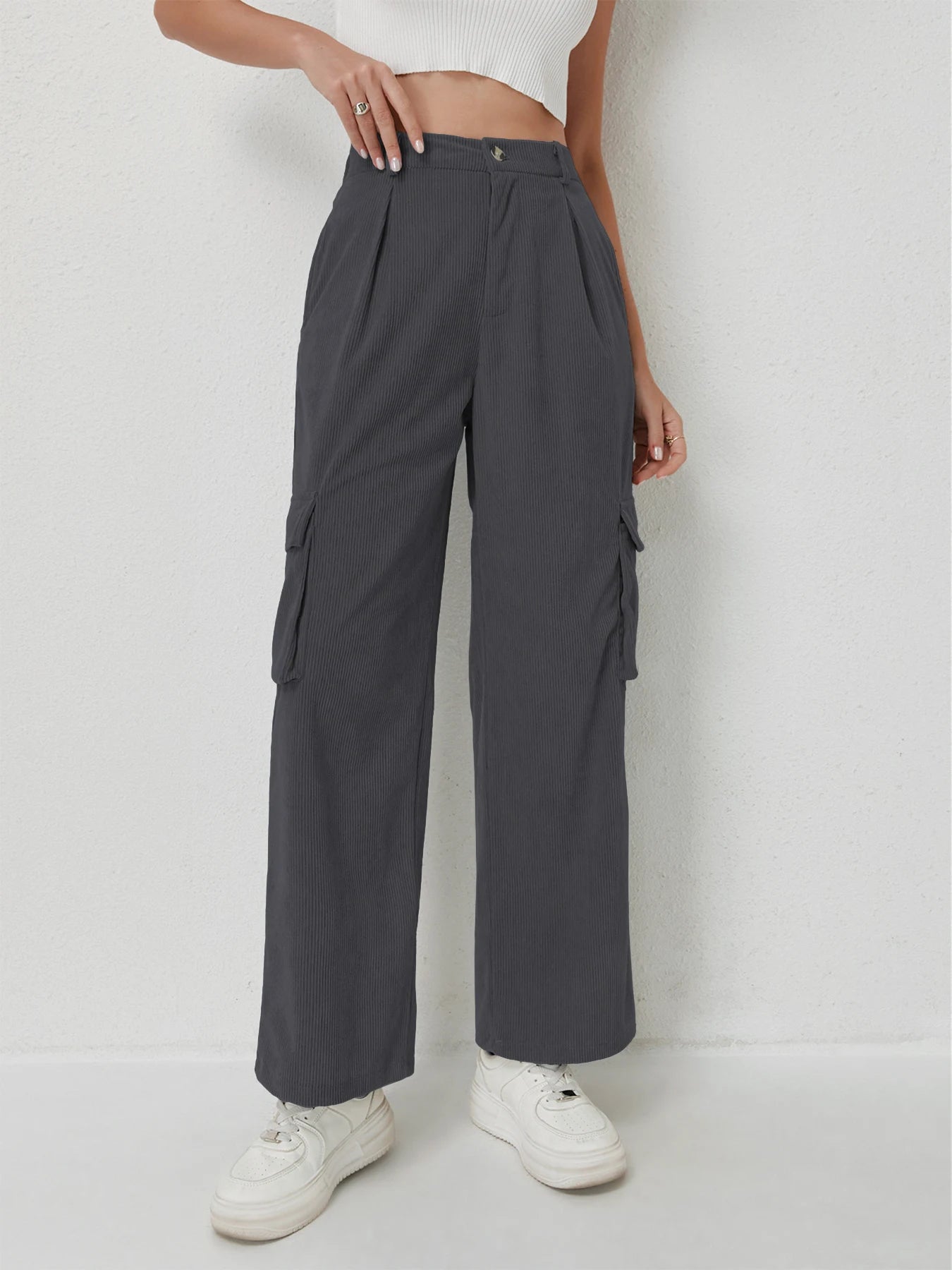 Women's casual trousers corduroy trousers multi-pocket drape high waist trousers women's sports casual work trousers