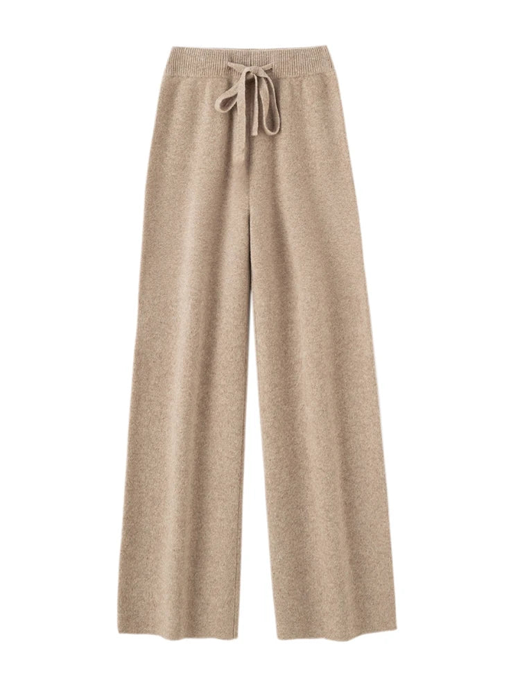 Autumn Winter Fashion Basic Women 100% Merino Wool Wide Leg Pants  Simple Style Cashmere Knitted Trousers Loose Casual Pants