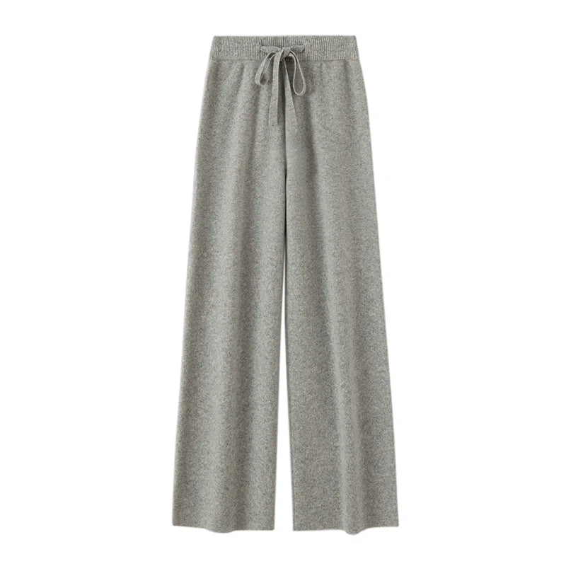 Autumn Winter Fashion Basic Women 100% Merino Wool Wide Leg Pants  Simple Style Cashmere Knitted Trousers Loose Casual Pants