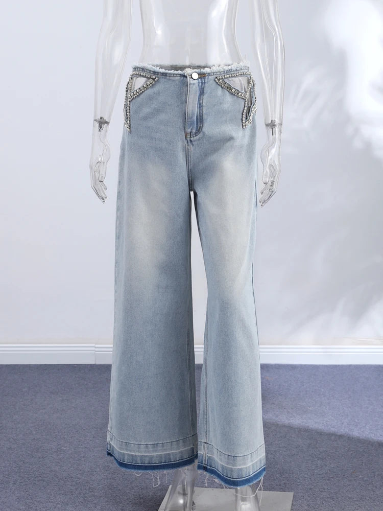 Low-Rise Raw Hem Rhinestone Star Cut-Out Jeans Baggy Wide Leg 2026 Summer Chic Women Denim Pants Causal Versatile Lady Bottoms