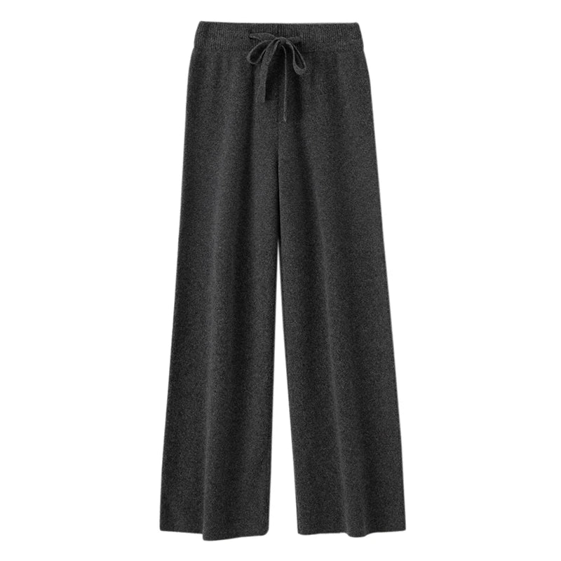 Autumn Winter Fashion Basic Women 100% Merino Wool Wide Leg Pants  Simple Style Cashmere Knitted Trousers Loose Casual Pants