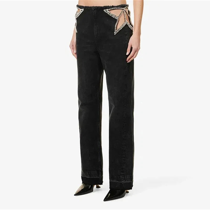 Low-Rise Raw Hem Rhinestone Star Cut-Out Jeans Baggy Wide Leg 2026 Summer Chic Women Denim Pants Causal Versatile Lady Bottoms