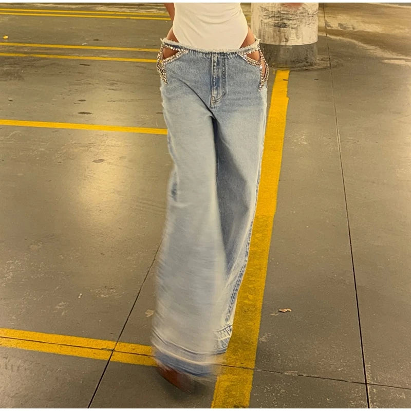 Low-Rise Raw Hem Rhinestone Star Cut-Out Jeans Baggy Wide Leg 2026 Summer Chic Women Denim Pants Causal Versatile Lady Bottoms