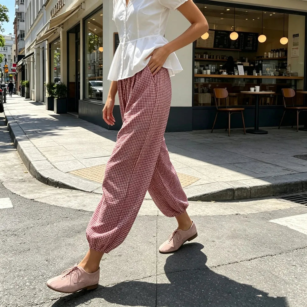 Ladies Vintage New Pants Women Chic Lace-Up Plaid Drawstring Beach Vacation Casual Lantern Pants Women Trousers Long Pant Female
