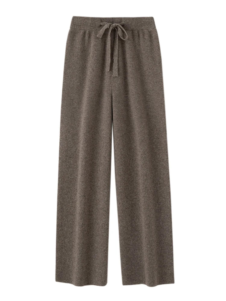 Autumn Winter Fashion Basic Women 100% Merino Wool Wide Leg Pants  Simple Style Cashmere Knitted Trousers Loose Casual Pants
