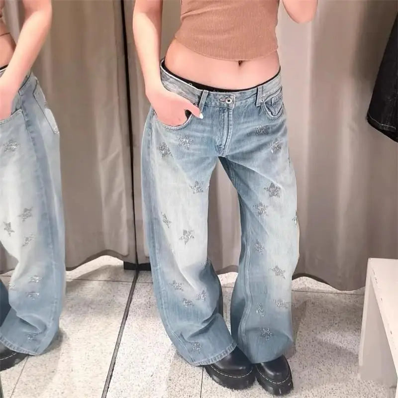 Low-Rise Raw Hem Rhinestone Star Cut-Out Jeans Baggy Wide Leg 2026 Summer Chic Women Denim Pants Causal Versatile Lady Bottoms