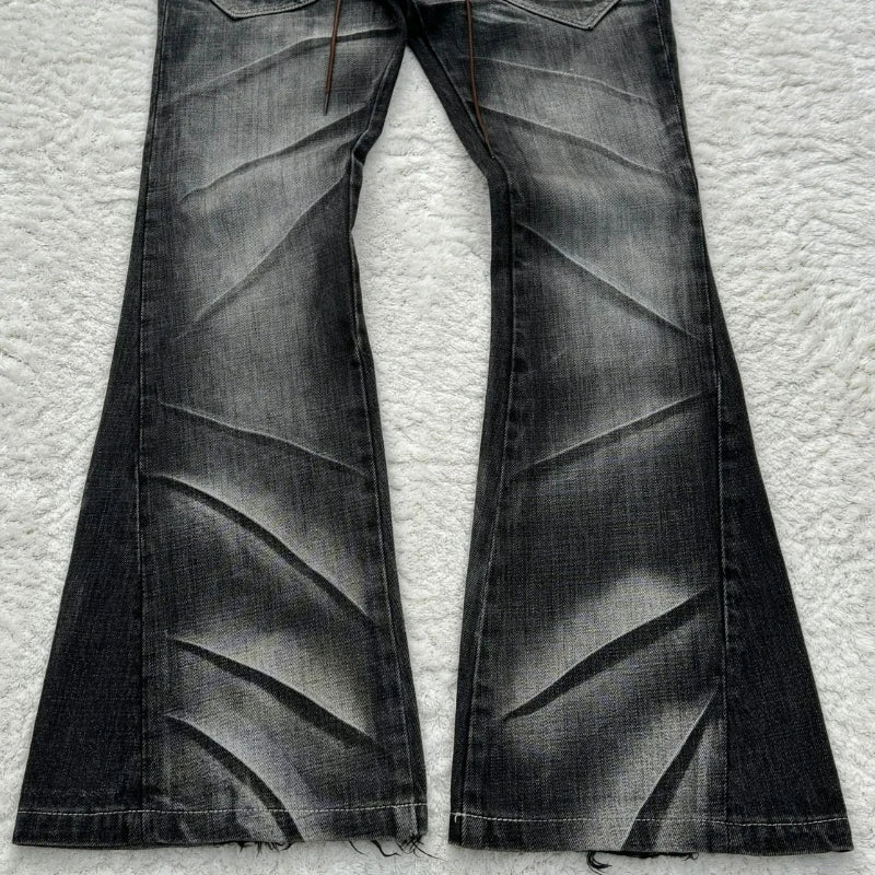 New Y2K Retro Flared Women Jeans Gothic Men Double Waist Strappy Jeans Washed Scratched Streetwear Unisex Boot Cut Jeans