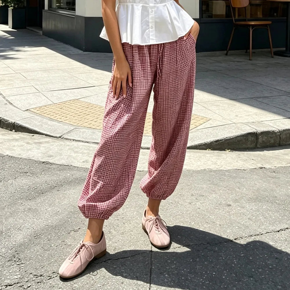 Ladies Vintage New Pants Women Chic Lace-Up Plaid Drawstring Beach Vacation Casual Lantern Pants Women Trousers Long Pant Female