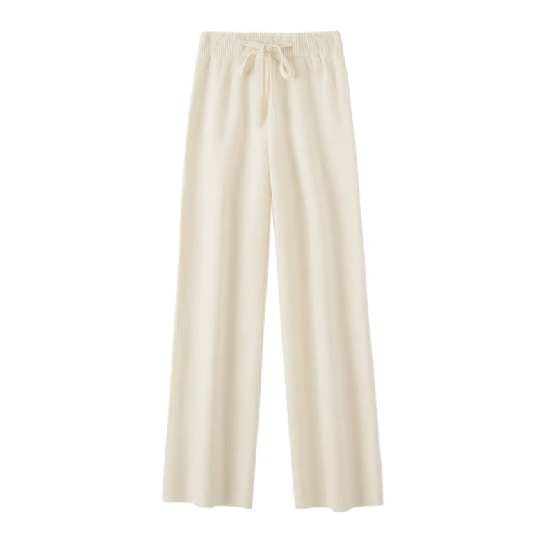 Autumn Winter Fashion Basic Women 100% Merino Wool Wide Leg Pants  Simple Style Cashmere Knitted Trousers Loose Casual Pants