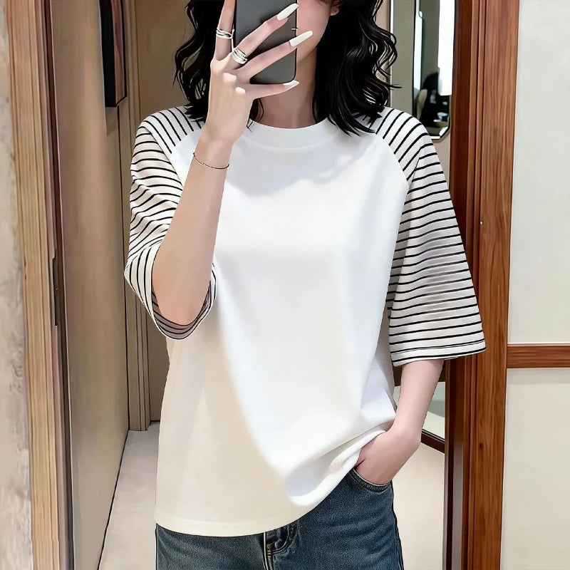 Vintage Striped Contrast Patchwork Half Sleeve Tops Summer New...