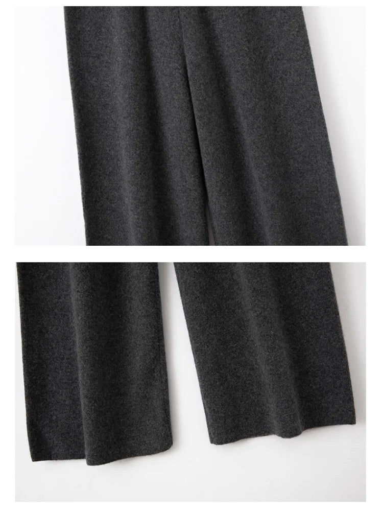Autumn Winter Fashion Basic Women 100% Merino Wool Wide Leg Pants  Simple Style Cashmere Knitted Trousers Loose Casual Pants