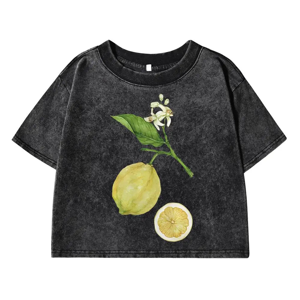 Lemon Branches Simple Printing Female Washed Short T-Shirt Summer Cool T Shirts Distress Hip Hop Clothes Breathable Soft Tops