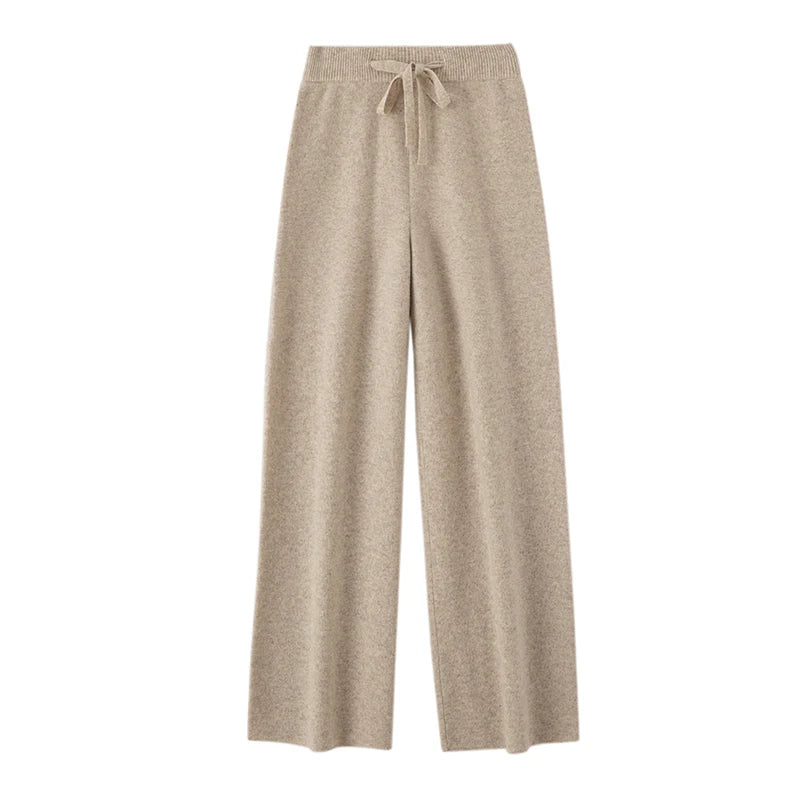Autumn Winter Fashion Basic Women 100% Merino Wool Wide Leg Pants  Simple Style Cashmere Knitted Trousers Loose Casual Pants