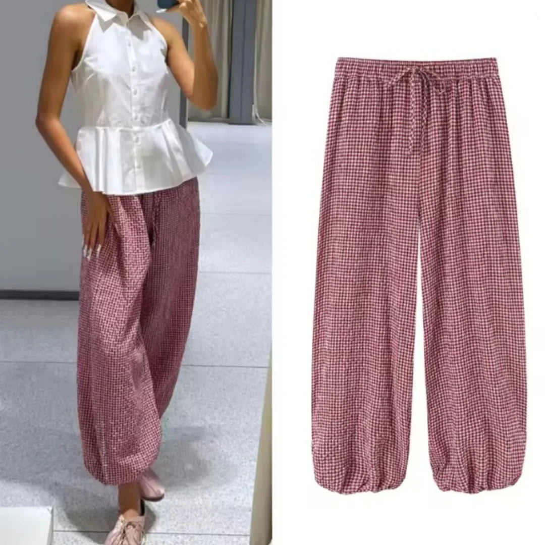 Women's Long Pants 2026 Summer New Plaid Drawstring Lantern Pan...