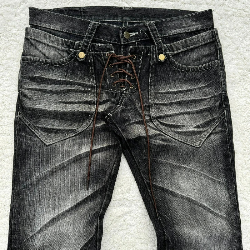 New Y2K Retro Flared Women Jeans Gothic Men Double Waist Strappy Jeans Washed Scratched Streetwear Unisex Boot Cut Jeans