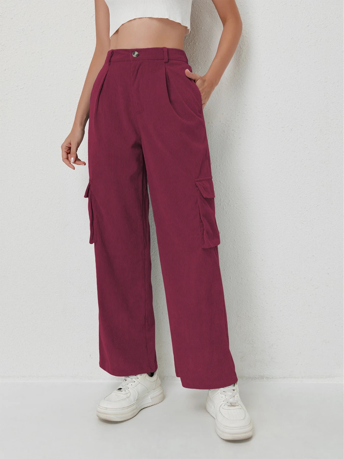 Women's casual trousers corduroy trousers multi-pocket drape high waist trousers women's sports casual work trousers