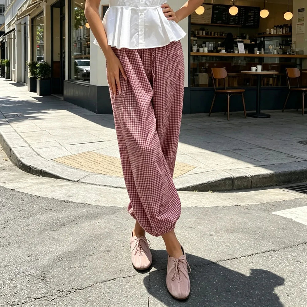 Ladies Vintage New Pants Women Chic Lace-Up Plaid Drawstring Beach Vacation Casual Lantern Pants Women Trousers Long Pant Female