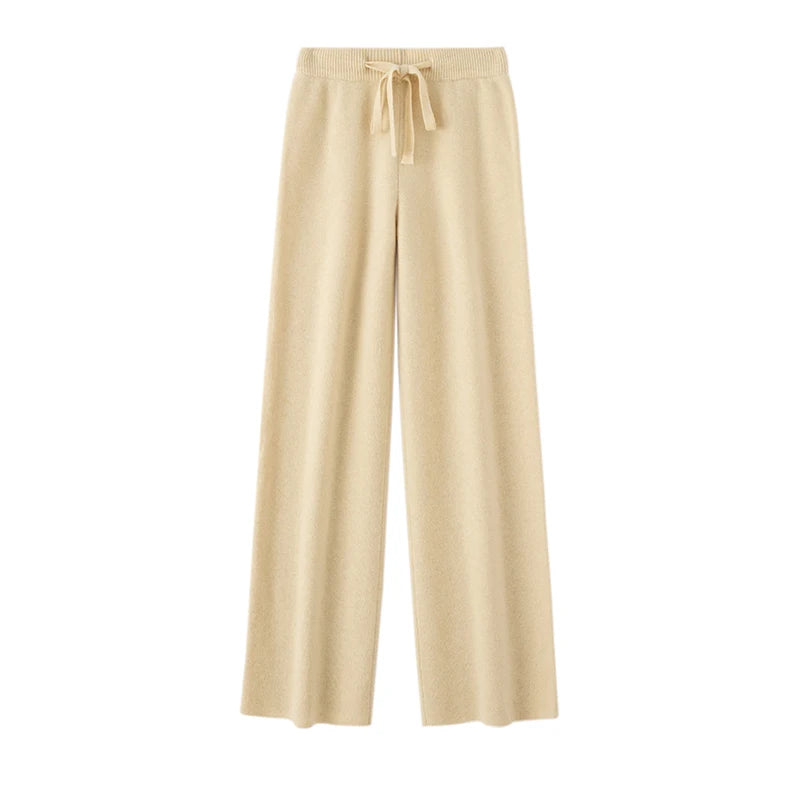 Autumn Winter Fashion Basic Women 100% Merino Wool Wide Leg Pants  Simple Style Cashmere Knitted Trousers Loose Casual Pants