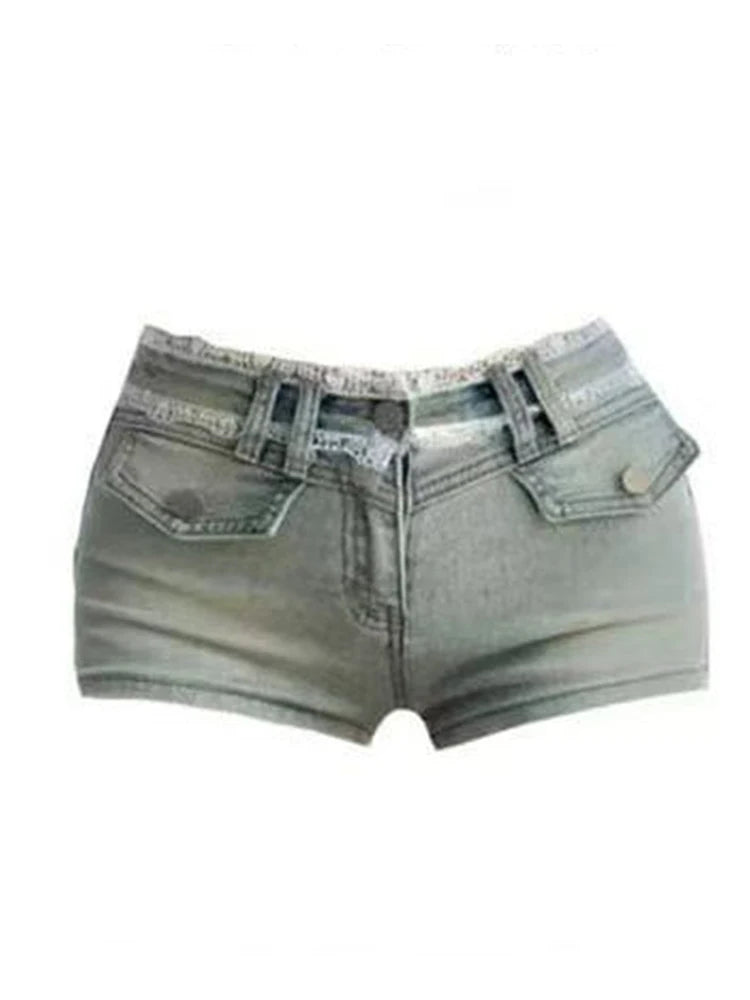 Aoaiiys Blue Jean Shorts Woman Lace Spliced Vintage High Street Denim Mini Short Harajuku Gothic Spice Girls Shorts Summer New
