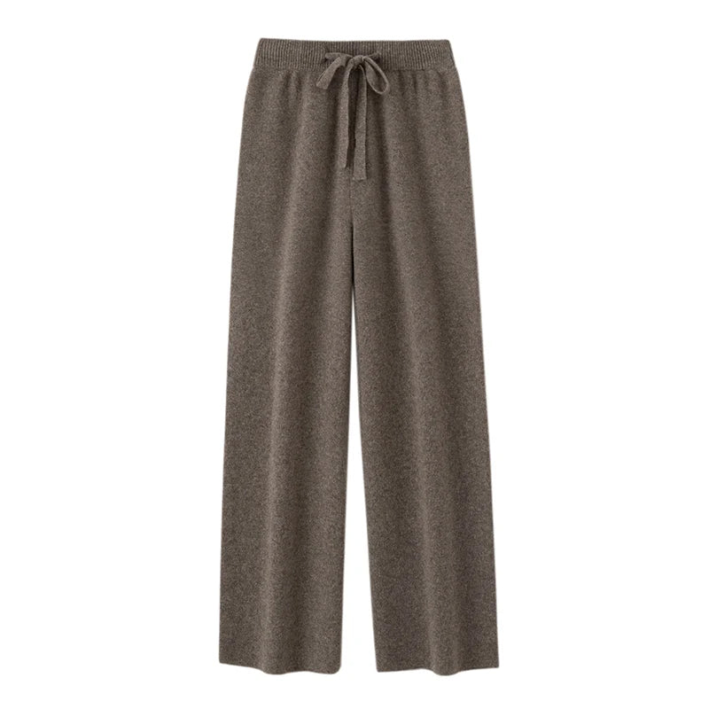 Autumn Winter Fashion Basic Women 100% Merino Wool Wide Leg Pants  Simple Style Cashmere Knitted Trousers Loose Casual Pants