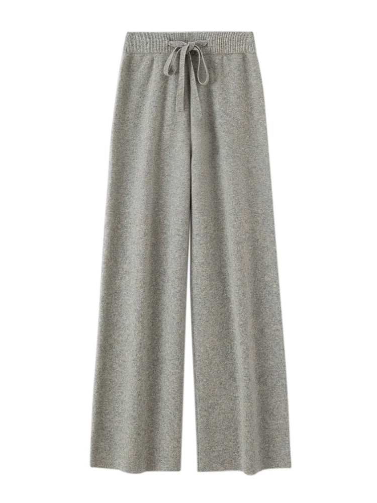 Autumn Winter Fashion Basic Women 100% Merino Wool Wide Leg Pants  Simple Style Cashmere Knitted Trousers Loose Casual Pants