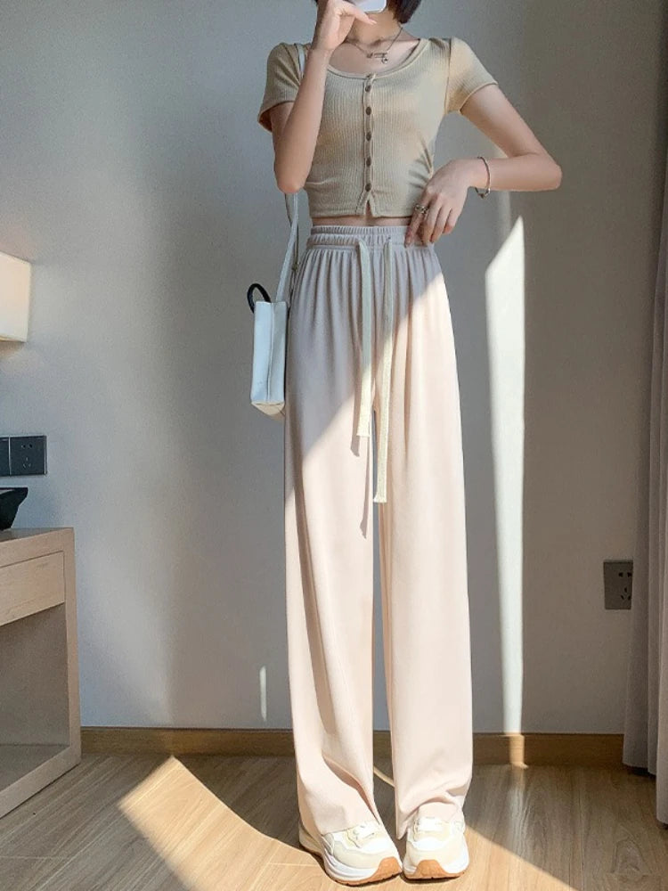 Spring Summer Women Ankle-Length Wide Leg Pants Casual Elastic Waist Loose Ice Silk Pants Trousers Sweatpants Female Clothing