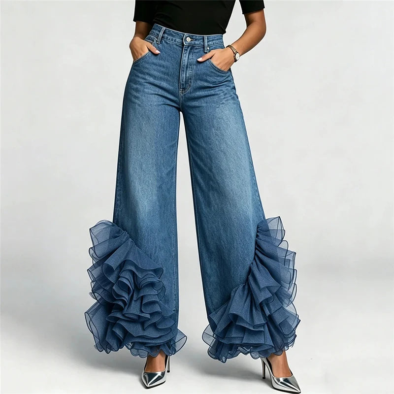 Low-Rise Raw Hem Rhinestone Star Cut-Out Jeans Baggy Wide Leg 2026 Summer Chic Women Denim Pants Causal Versatile Lady Bottoms
