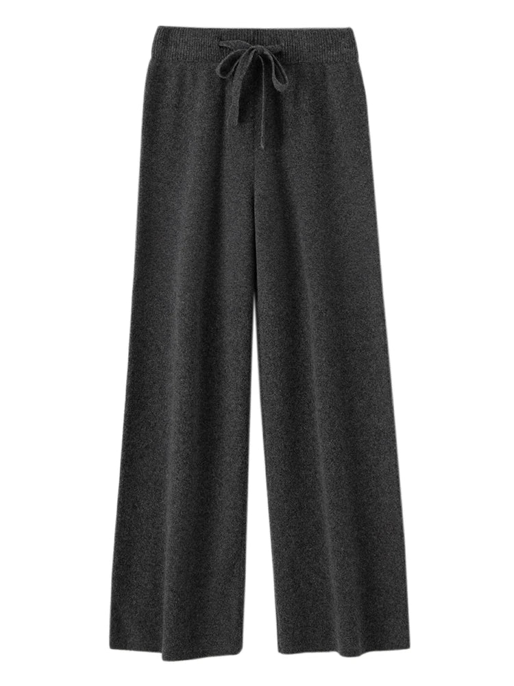 Autumn Winter Fashion Basic Women 100% Merino Wool Wide Leg Pants  Simple Style Cashmere Knitted Trousers Loose Casual Pants