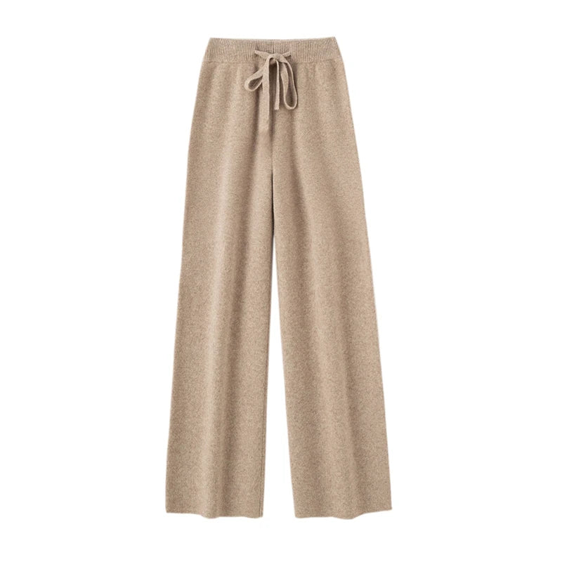 Autumn Winter Fashion Basic Women 100% Merino Wool Wide Leg Pants  Simple Style Cashmere Knitted Trousers Loose Casual Pants