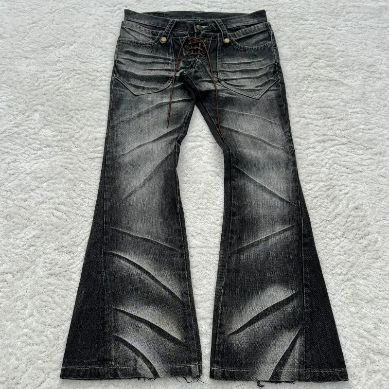 New Y2K Retro Flared Women Jeans Gothic Men Double Waist Strappy Jeans Washed Scratched Streetwear Unisex Boot Cut Jeans