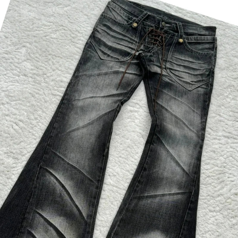 New Y2K Retro Flared Women Jeans Gothic Men Double Waist Strappy Jeans Washed Scratched Streetwear Unisex Boot Cut Jeans