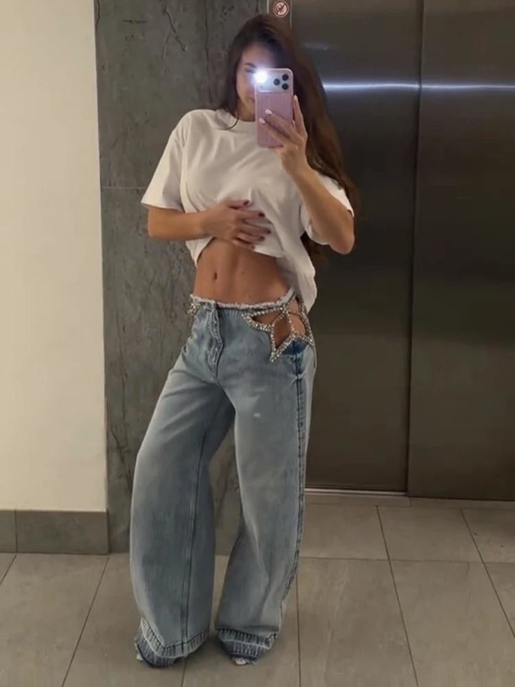 Low-Rise Raw Hem Rhinestone Star Cut-Out Jeans Baggy Wide Leg 2026 Summer Chic Women Denim Pants Causal Versatile Lady Bottoms
