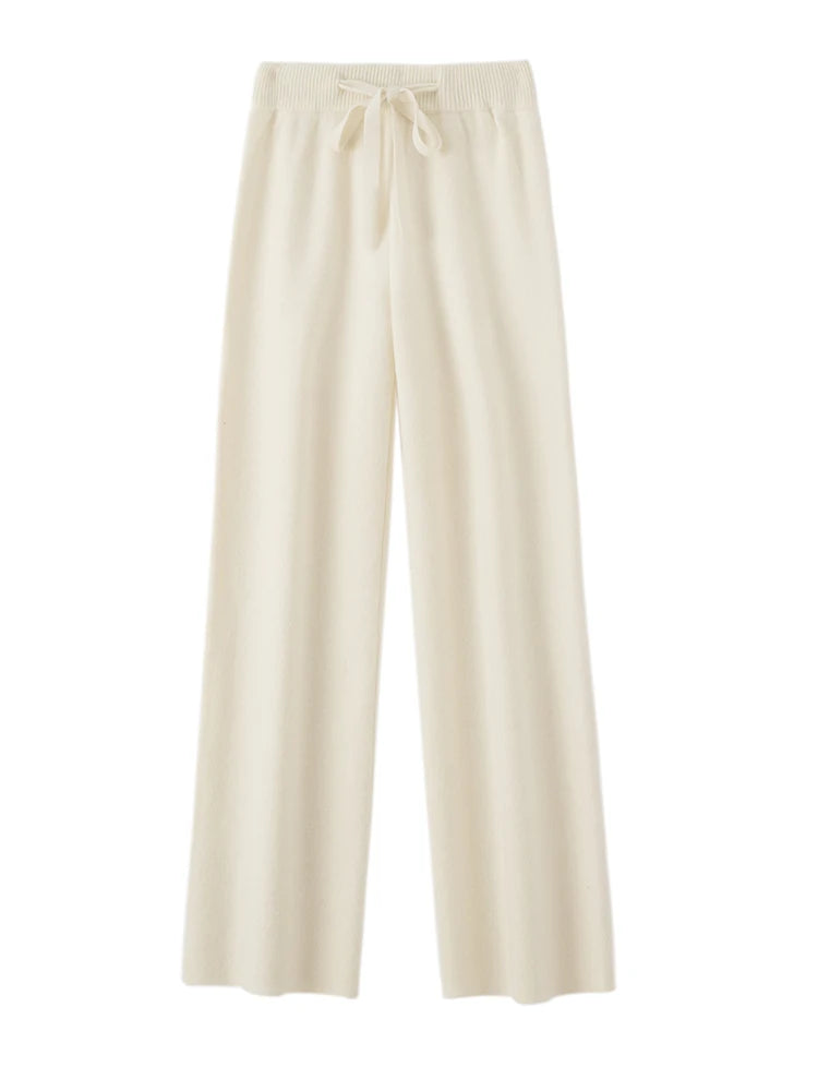 Autumn Winter Fashion Basic Women 100% Merino Wool Wide Leg Pants  Simple Style Cashmere Knitted Trousers Loose Casual Pants