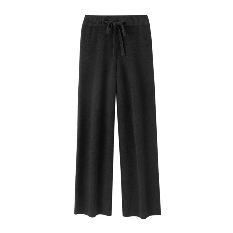 Autumn Winter Fashion Basic Women 100% Merino Wool Wide Leg Pants  Simple Style Cashmere Knitted Trousers Loose Casual Pants